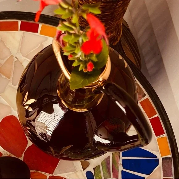 Old Etched & Gilded Mini Red Amber Glass Decanter/ Handle Beautiful Starburst🪻&✨ - Picture 7 of 16